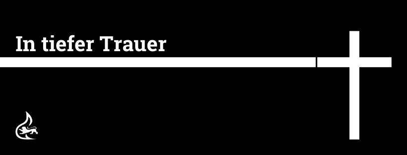 Weißes Kreuz auf schwarzem Hintergrund, oben links steht "In tiefer Trauer"